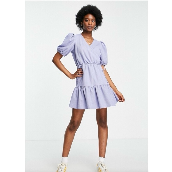 & Other Stories Organic Blend Cotton Jersey Wrap Tiered Mini Dress in Dusty Blue & Other Stories Organic Blend Cotton Jersey Wrap Tiered Mini Dress in Dusty Blue